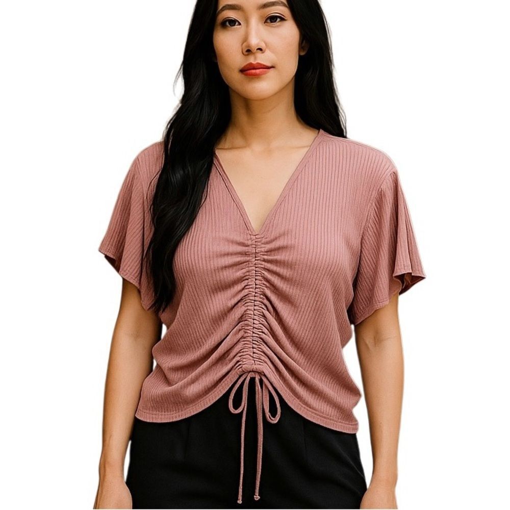 Say Anything Pink Ribbed Top Cropped Style Gathered Front Womens Size Medium